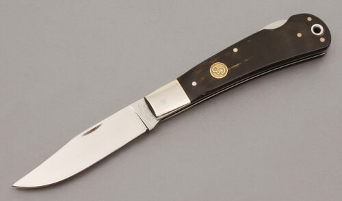 Canal Street Cutlery Squeeze Lockback Folder with Mahogany Buffalo Horn Scales handle material - Obverse Side - Item #KLC10027