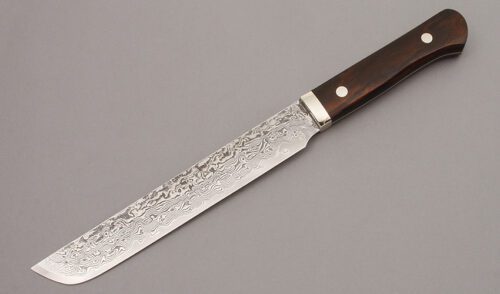Hiro Itou Camp & Trail Knife with Desert Ironwood Handle Scales handle material - Obverse Side - Item #KLC10042