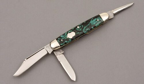 Remington UMC R3415 Stock Knife with Green Sparkle Celluloid Scales handle material - Obverse Side - Item #KLC10051