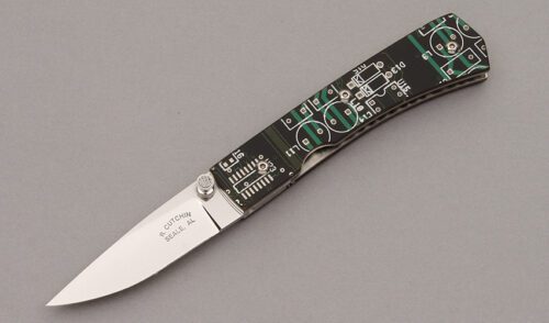 Roy Cutchin Custom Linerlock Folder with Electronic Motherboard Scales handle material - Obverse Side - Item #KLC10090