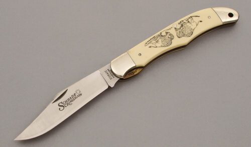 Schrade Cutlery SC500 Folding Hunter with Ivory Delrin Handles handle material - Obverse Side - Item #KLC10128