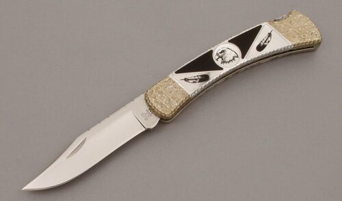 Buck Knives Custom 110 Lockback with Nickel Silver Frame handle material - Obverse Side - Item #KLC10131