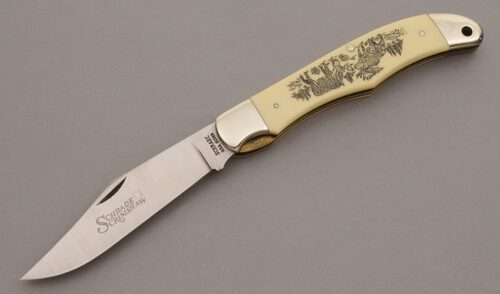 Schrade Cutlery SC500 Folding Hunter with Ivory Delrin Handles handle material - Obverse Side - Item #KLC10136