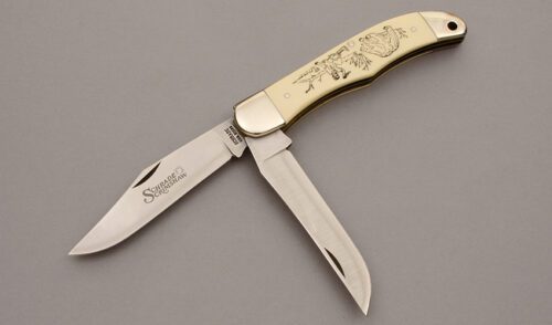 Schrade Cutlery SC508 Two Blade Folding Hunter with Ivory Delrin Handles handle material - Obverse Side - Item #KLC10137