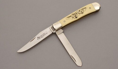 Schrade Cutlery 296SC Two Blade Trapper with Ivory Delrin Handles handle material - Obverse Side - Item #KLC10140