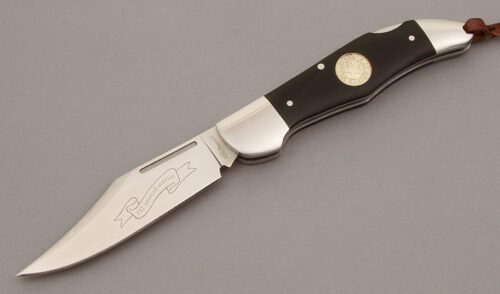 A.G. Russell 2015 Texas Ranger Lockback with Smooth Black G10 handle material - Obverse Side - Item #KLC10151