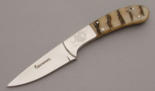 Browning Knives Full Curl Series Dall Sheep with Sheep Horn Scales handle material - Obverse Side - Item #KLC10155
