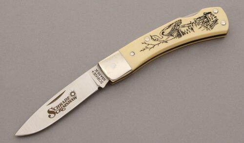 Schrade Cutlery 515SC Scrimshaw Lockback with Ivory Delrin Scales handle material - Obverse Side - Item #KLC10163