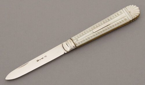 Unknown Maker Ladies Silver Fruit Knife with Carved Mother of Pearl Scales handle material - Obverse Side - Item #KLC10170