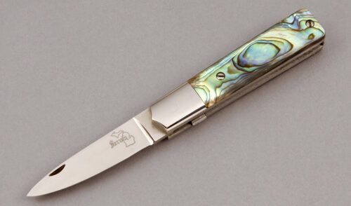 Jim Serven Linerlock Folder with Abalone Handle Scales handle material - Obverse Side - Item #KLC10176
