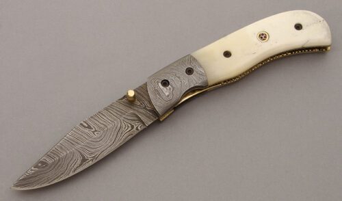 Unknown Maker Damascus Linerlock Folder with Smooth White Bone Scales handle material - Obverse Side - Item #KLC10178