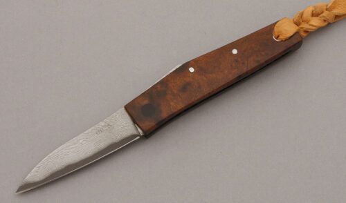 Hiroaki Ohta Damascus Friction Folder with Desert Ironwood Burl Scales handle material - Obverse Side - Item #KLC10203