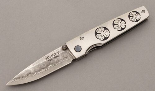 Mcusta Knives Aamon Aoi Linerlock Folder with Brushed Stainless Handles handle material - Obverse Side - Item #KLC10222
