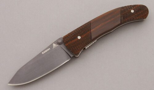 Lone Wolf Knives Blackfoot Linerlock Folder with Checkered Ebano Wood Scales handle material - Obverse Side - Item #KLC10223
