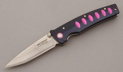 Mcusta Knives Model MC-43C Katana Folder with Blue & Violet Aluminum Scales handle material - Obverse Side - Item #KLC10224