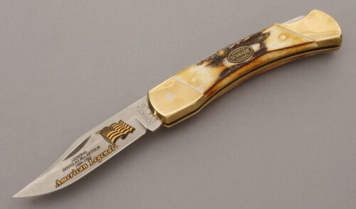 Schrade Cutlery American Legends Larg Lockback with Burnt Stag Handle Scales handle material - Obverse Side - Item #KLC10247