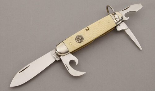 Ulster Knives Boy Scout Knife with White Jigged Delrin handle material - Obverse Side - Item #KLC10258