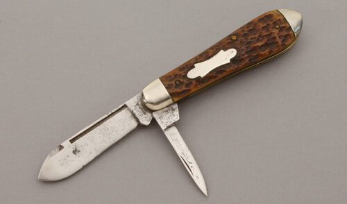 Utica Cutlery Co. Two Blade Jack with Brown Jigged Bone Scales handle material - Obverse Side - Item #KLC10279