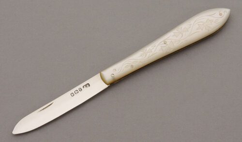 Unknown Maker Ladies Silver Fruit Knife with Mother of Pearl Handle Scales handle material - Obverse Side - Item #KLC10292