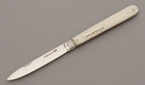 Harrison Bros & Howson Ladies Silver Fruit Knife with Mother of Pearl Scales handle material - Obverse Side - Item #KLC10293