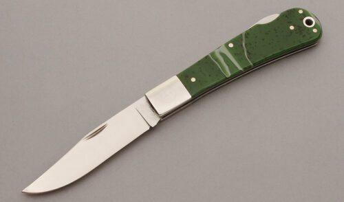 Canal Street Cutlery Squeeze Lockback Folder with Peppered Jade Kirinite Scales handle material - Obverse Side - Item #KLC10323