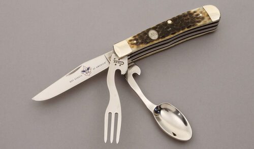 Case Cutlery 6354HB Boy Scout Hobo with Olive Green Jigged Bone Scales handle material - Obverse Side - Item #KLC10327