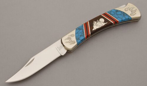 Buck/Yellowhorse Bear Mountain Folding Hunter with Nickel Silver Frame handle material - Obverse Side - Item #KLC10370