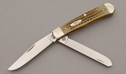 Case Cutlery 6254 Pocket Worn Trapper with Corn Cob Jigged Bone handle material - Obverse Side - Item #KLC10412
