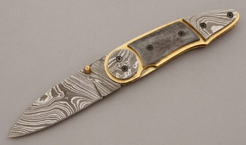 Unknown Maker Damascus Linerlock Folder with N/A handle material - Obverse Side - Item #KLC10439