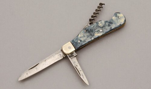 H. Hallstrom Cutlery Utility Pen Knife with Green & White Celluloid Scales handle material - Obverse Side - Item #KLC10455