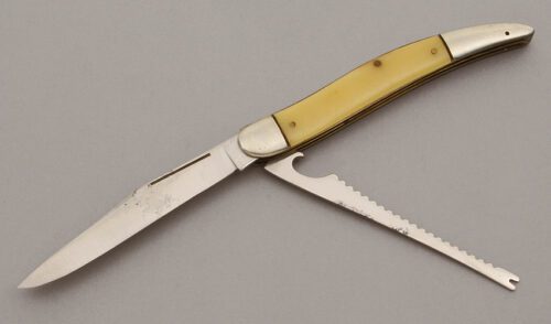 Ulster Knives Model 208 Fishing Knife with Yellow Celluloid Scales handle material - Obverse Side - Item #KLC10457