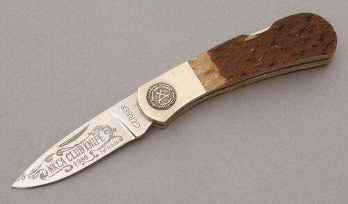 Gerber Knives 1986 NKCA Club Lockback Folder with Jigged Bone Scales handle material - Obverse Side - Item #KLC10472