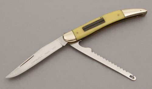 Kinfolks Knives Fisherman's Knife with Yellow Celluloid Handle Scales handle material - Obverse Side - Item #KLC10512