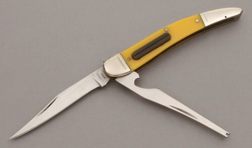 Western Cutlery 5-751 Fisherman's Knife with Yellow Celluloid Handle Scales handle material - Obverse Side - Item #KLC10513