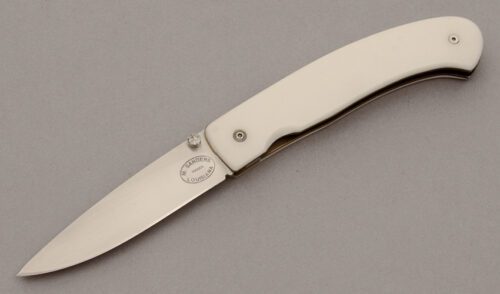 Mike Sanders Custom Linerlock Folder with White Corian Handle Scales handle material - Obverse Side - Item #KLC10542