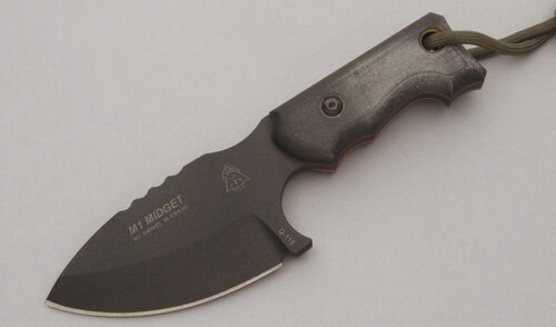 Tops Knives M1 Midget with Black Micarta Handle Scales handle material - Obverse Side - Item #KLC10552