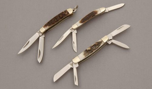 Wrangler Knives Mini Set of 3 Stag Folders with Stag Handle Scales handle material - Obverse Side - Item #KLC10574