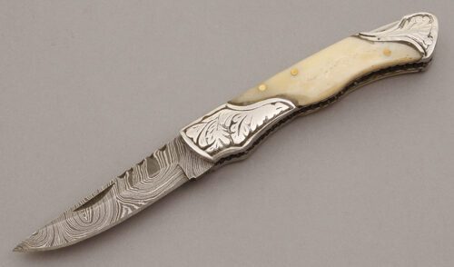 Unknown Maker Damascus Lockback Folder with Smooth White Bone Scales handle material - Obverse Side - Item #KLC10580