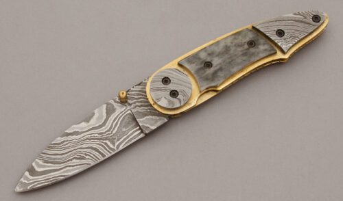 Unknown Maker Damascus Linerlock Folder with N/A handle material - Obverse Side - Item #KLC10582