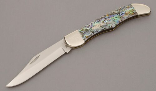 Case Cutlery 8165 Folding Hunter with Paua Shell Handle Scales handle material - Obverse Side - Item #KLC10593