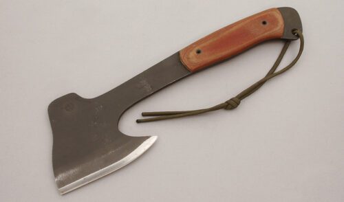 Mineral Mountain Hatchet 30th Anniversary Hatchet with Brown Micarta Handle Scales handle material - Obverse Side - Item #KLC10638