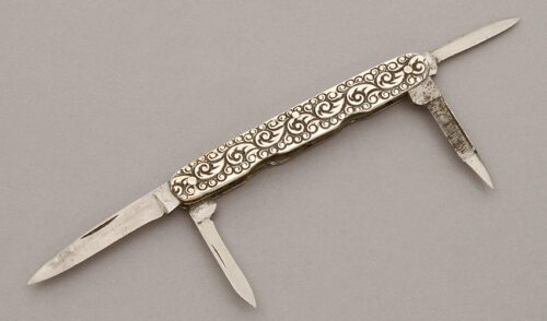 Edward K. Tryon Knives Four Blade Pen Knife with Carved Silver Scales handle material - Obverse Side - Item #KLC10640