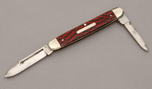 Utica Cutlery Co. Two Blade Pen Knife with Red & Black Celluloid Scales handle material - Obverse Side - Item #KLC10648