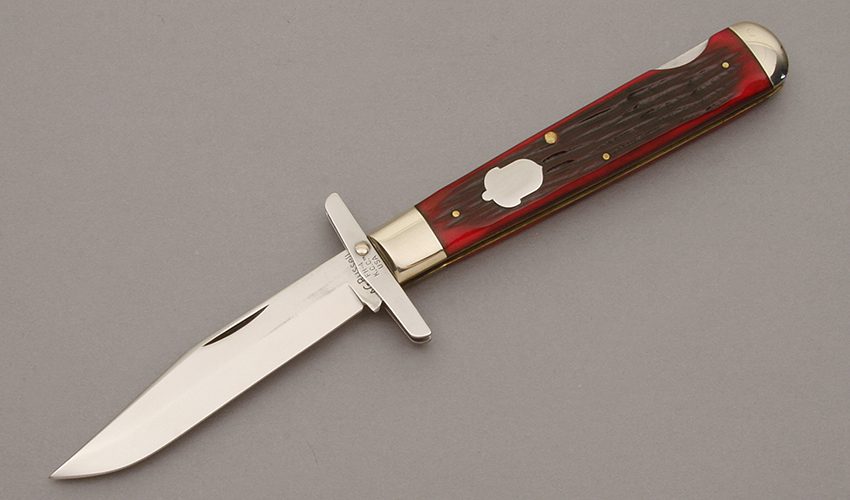 A.G. Russell FH-4 Swing Guard Folder with Red Jigged Bone handle material - Obverse Side - Item #KLC10656