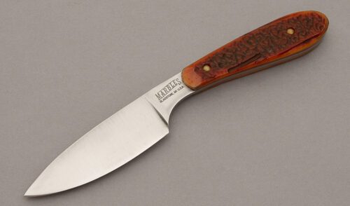 Marble's Knives Mini Caper with Red Worm Groove Jigged Bone handle material - Obverse Side - Item #KLC10668