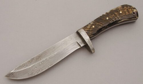 Unknown Maker Damascus Hunter with Sheephorn Handle Scales handle material - Obverse Side - Item #KLC10671