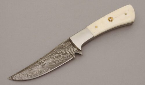 Unknown Maker Damascus Hunter with Smooth Bone Handle Scales handle material - Obverse Side - Item #KLC10672
