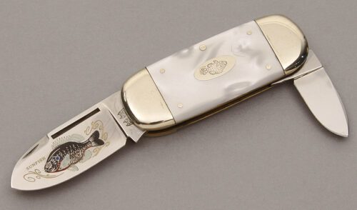 Bulldog Knives Baby Sunfish with White & Pink Pearl Celluloid handle material - Obverse Side - Item #KLC10678
