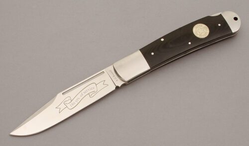 A.G. Russell 2009 Texas Ranger Lockback with Black Rucarta Handle Scales handle material - Obverse Side - Item #KLC10691