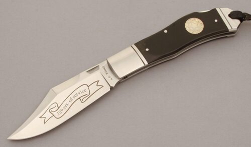 A.G. Russell 2012 Texas Ranger Lockback with Ebony Rucarta Scales handle material - Obverse Side - Item #KLC10694